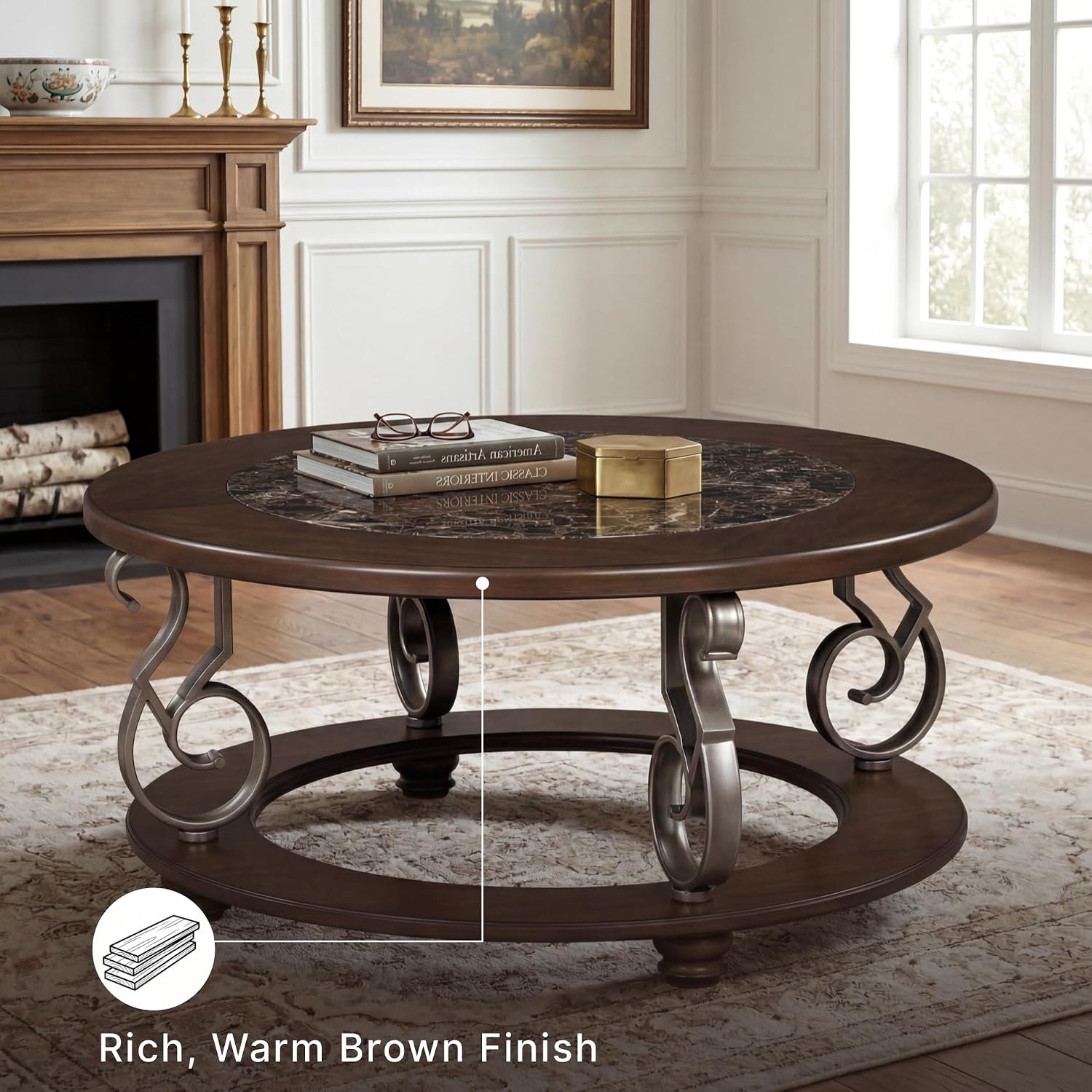 Vintage Classic Coffee Table – Dark Brown Finish with Metal Legs & Bun Feet, Traditional Living Room Center Table