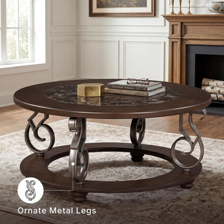Vintage Classic Coffee Table – Dark Brown Finish with Metal Legs & Bun Feet, Traditional Living Room Center Table