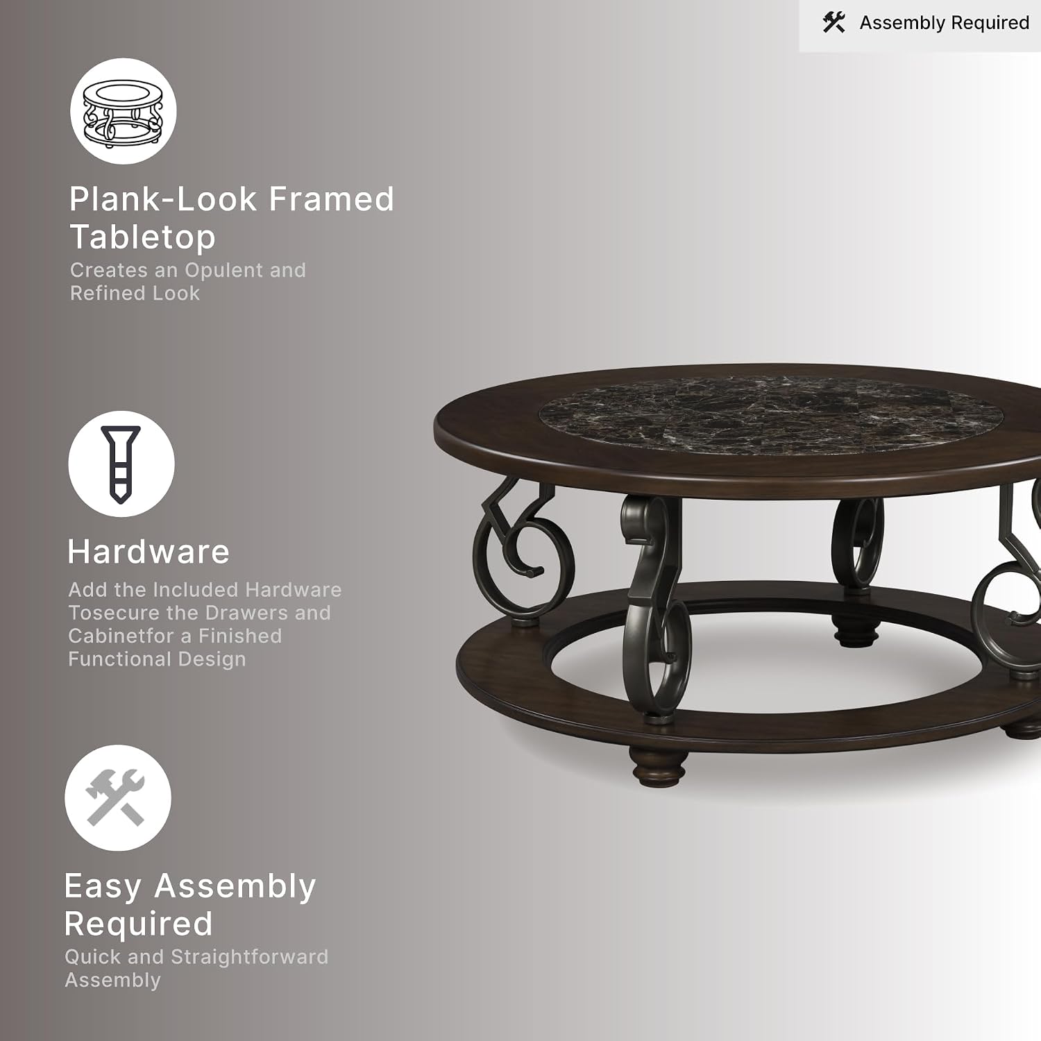 Vintage Classic Coffee Table – Dark Brown Finish with Metal Legs & Bun Feet, Traditional Living Room Center Table