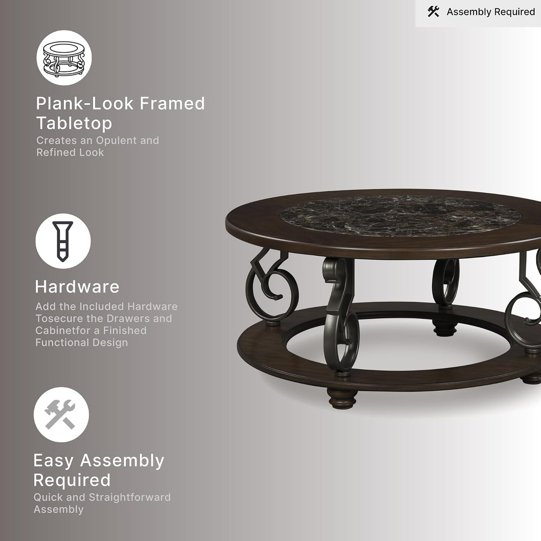 Vintage Classic Coffee Table – Dark Brown Finish with Metal Legs & Bun Feet, Traditional Living Room Center Table