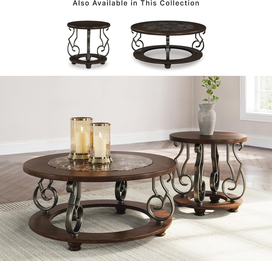 Vintage Classic Coffee Table – Dark Brown Finish with Metal Legs & Bun Feet, Traditional Living Room Center Table