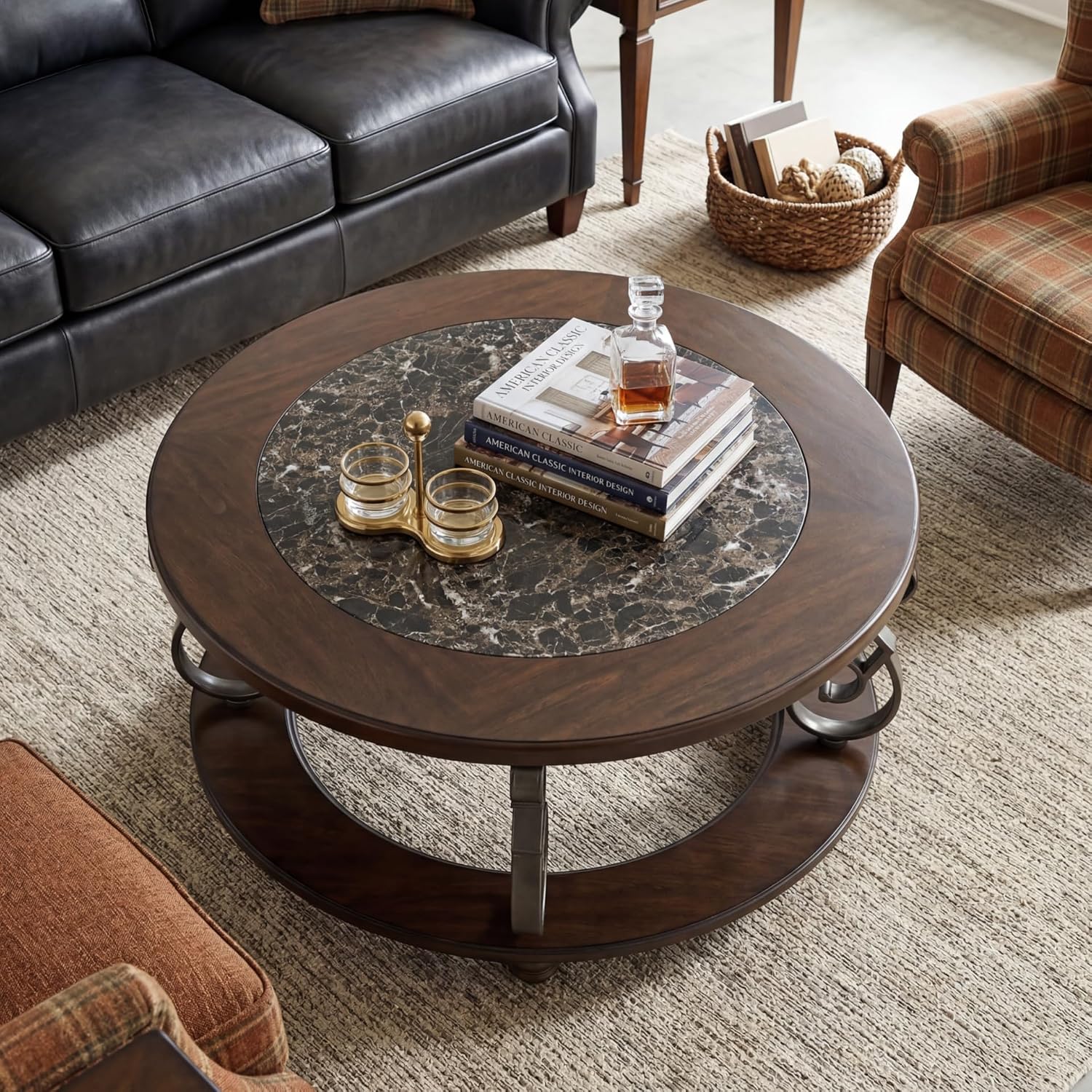 Vintage Classic Coffee Table – Dark Brown Finish with Metal Legs & Bun Feet, Traditional Living Room Center Table