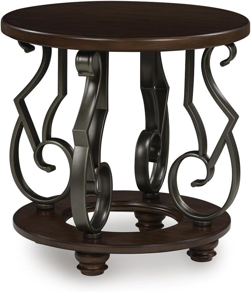 Decorative round end table with intricate metal legs on a white background