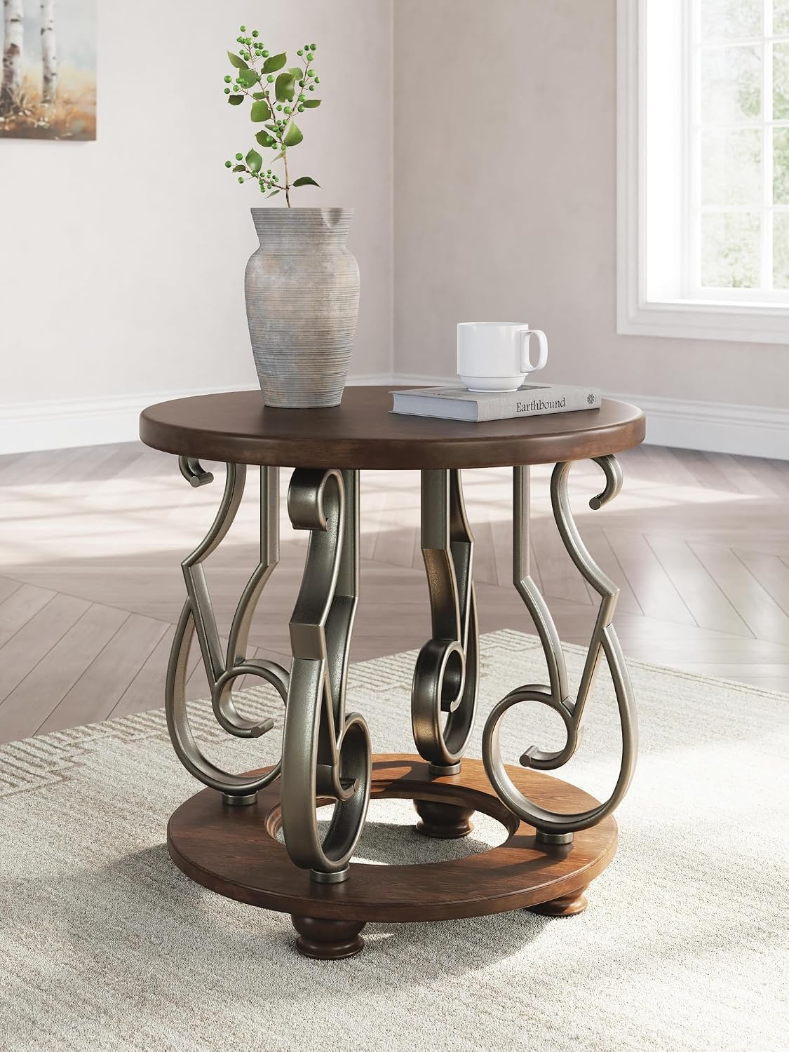 Round wooden side table with metal legs in a room setting