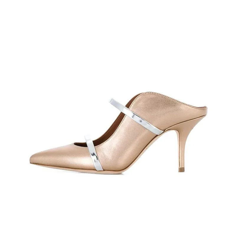 Modern Silver Strappy Women Heeled Sandals – Pointed Toe Slip-On Luxury Shoes for Women