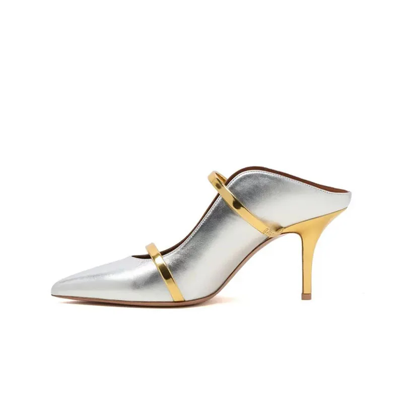 Modern Silver Strappy Women Heeled Sandals – Pointed Toe Slip-On Luxury Shoes for Women