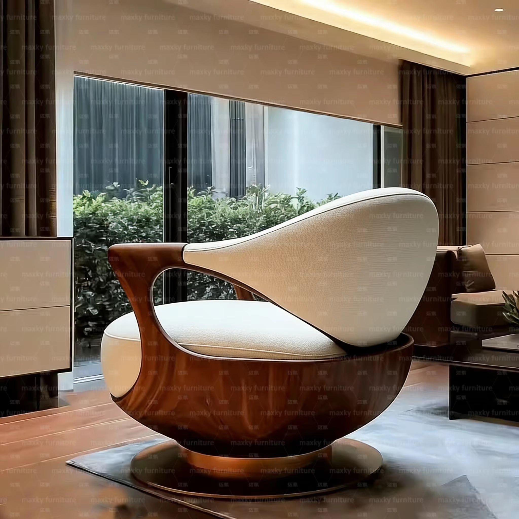 Modern Upholstered Sofa Chair – Curved Wood Armrest Luxury Lounge Seat