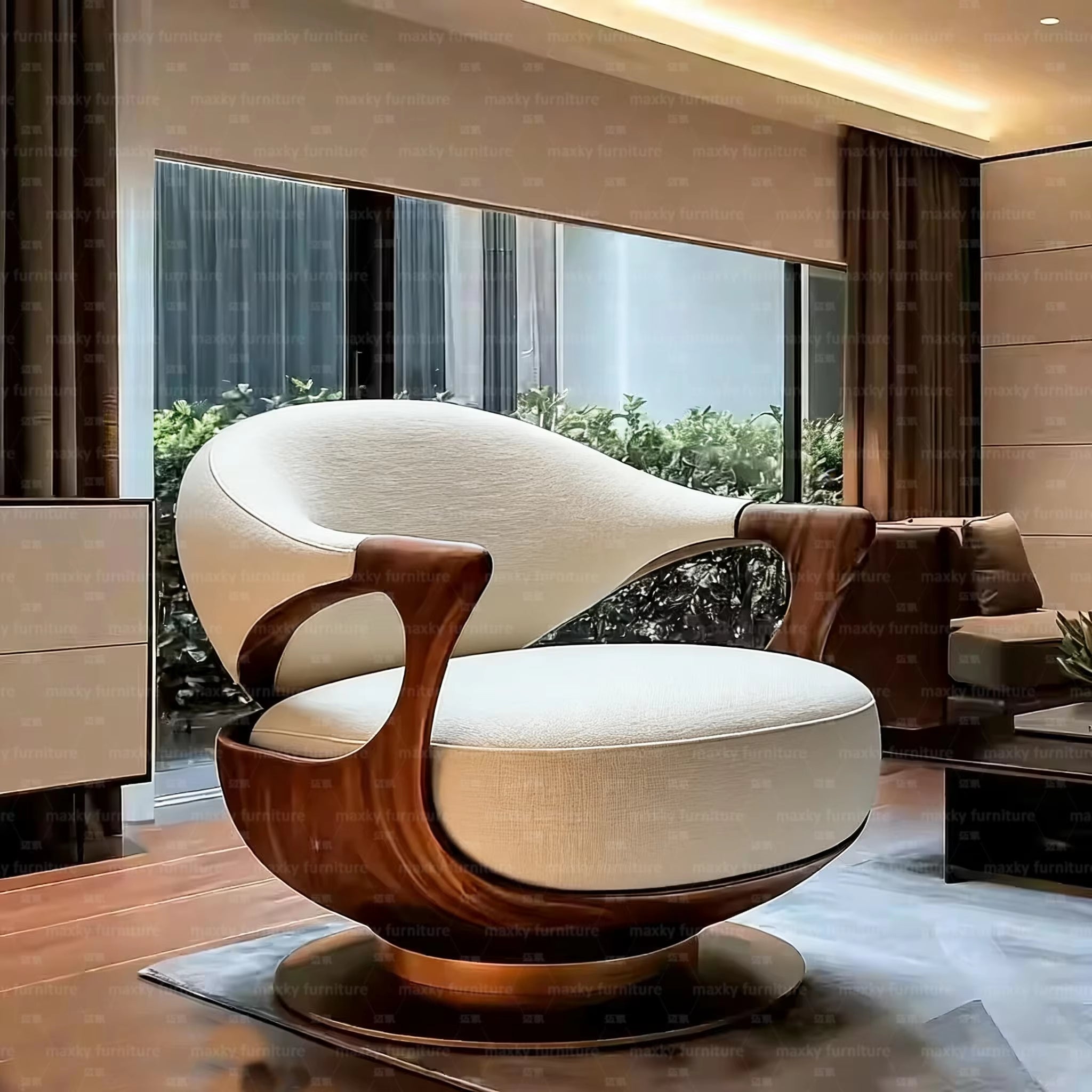 Modern Upholstered Sofa Chair – Curved Wood Armrest Luxury Lounge Seat