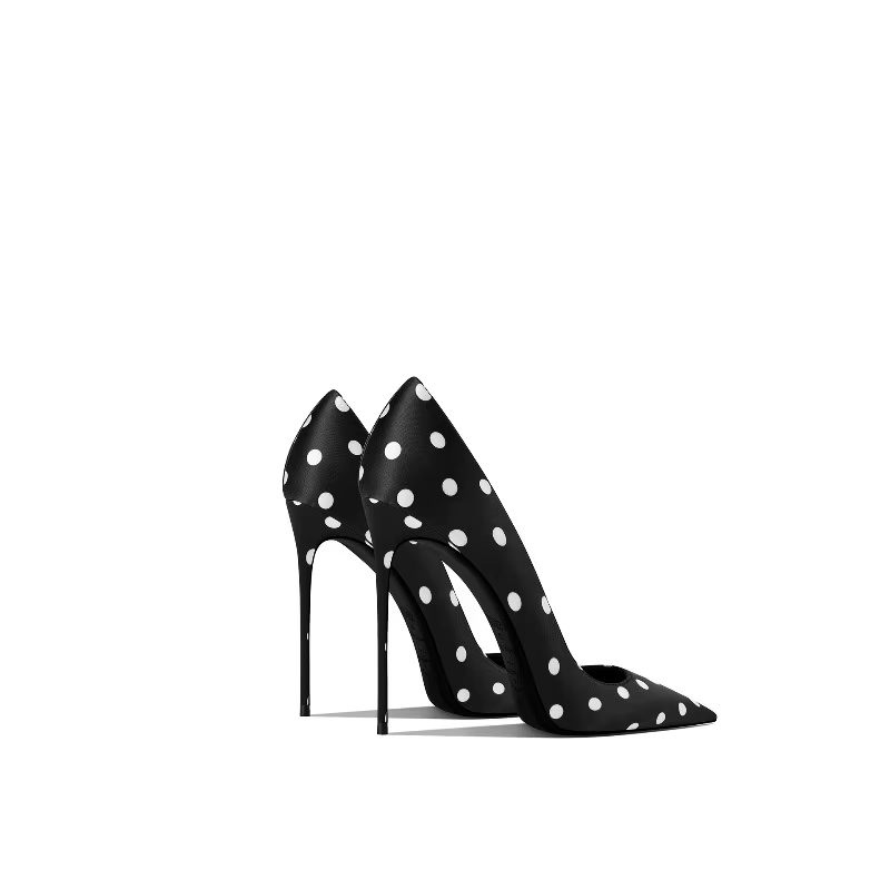 Luxury Women's Black Silk Polka Dot Pointed High Heels&nbsp;