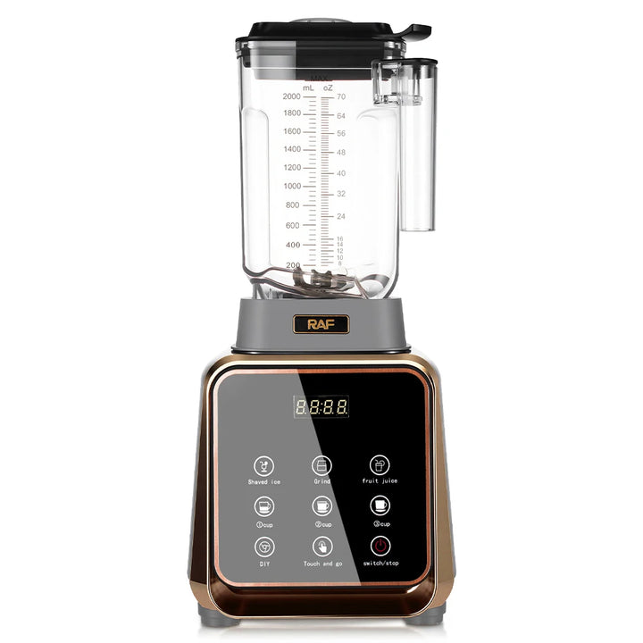 A modern countertop blender with a clear glass jar, black lid, gray neck, and a metallic rose-gold and black base. The base features a glossy black control panel with touch icons and a digital display showing '28:88'.