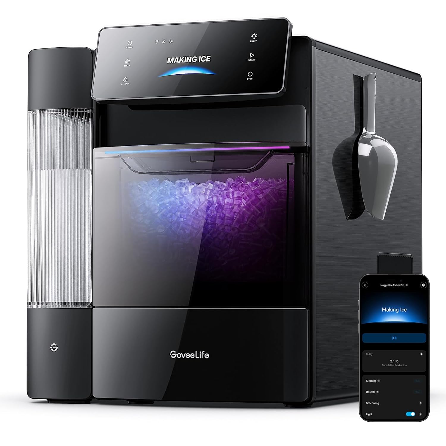 Black countertop ice maker with digital display and smartphone app interface on a white background