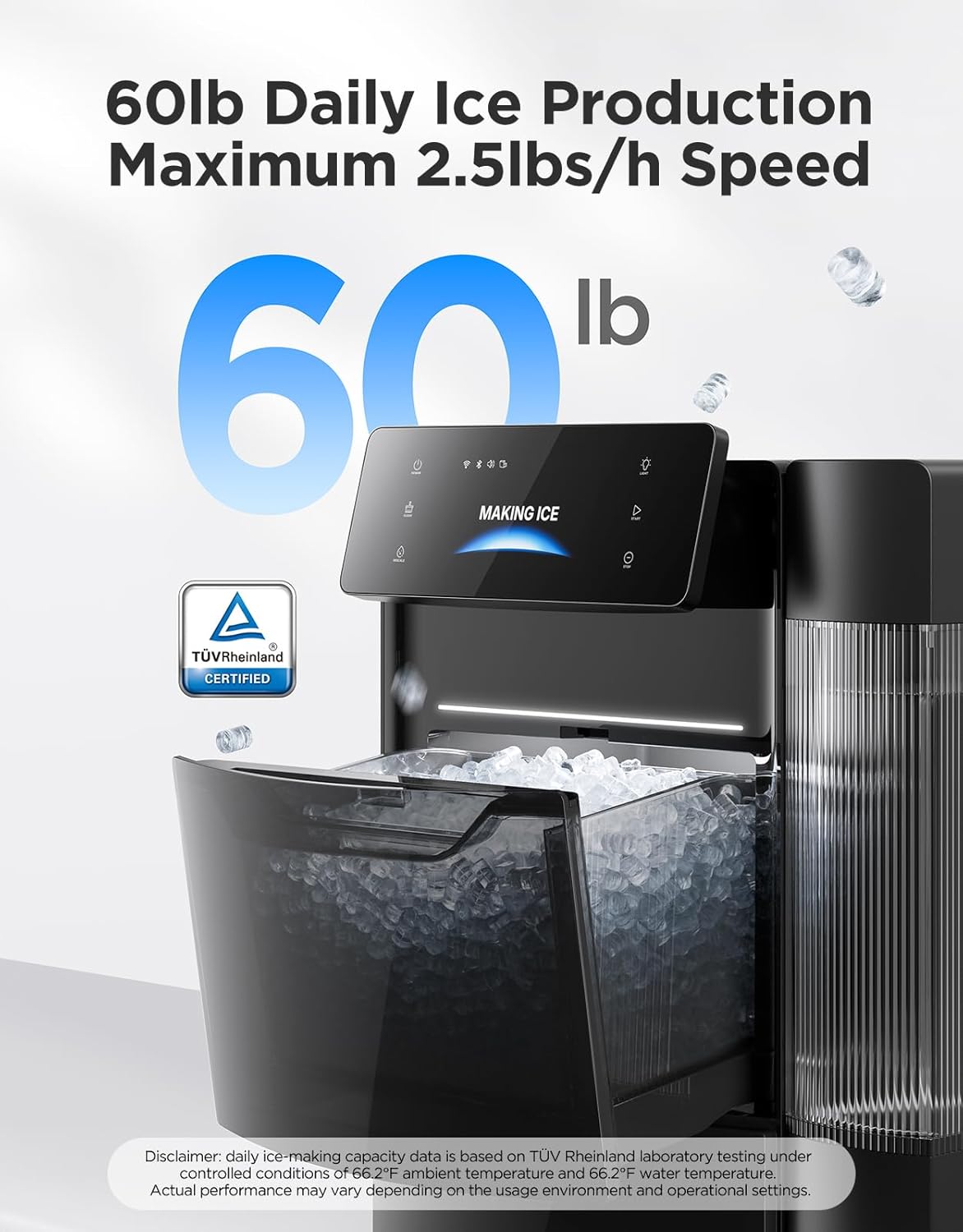 Ice maker with 60 lb daily ice production capacity and TUV Rheinland certification on a white background.