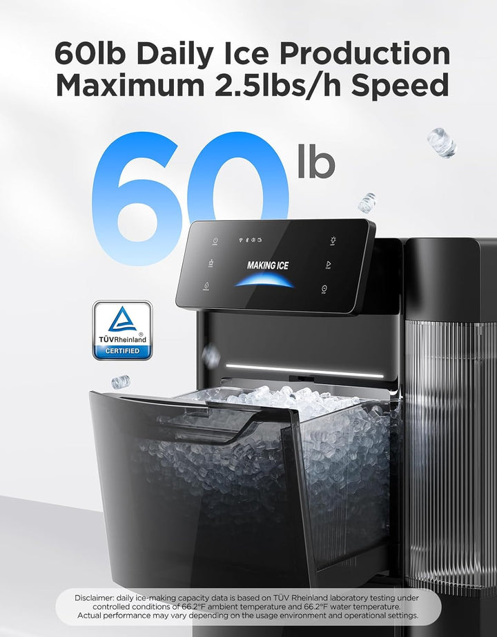 Ice maker with 60 lb daily ice production capacity and TUV Rheinland certification on a white background.