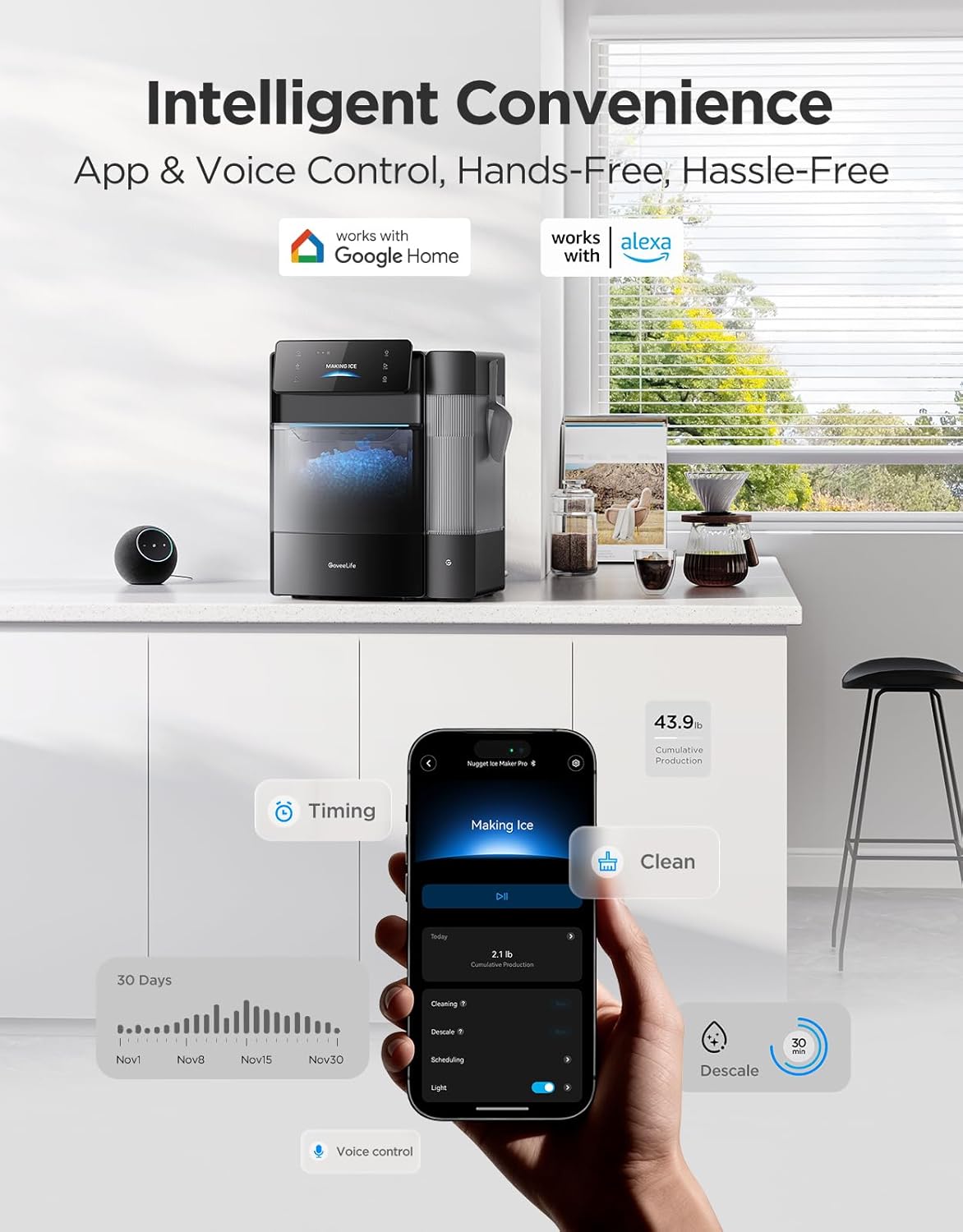 Premium Nugget Ice Maker Pro – Ice Production, WiFi App & Voice Control, Ultra-Quiet Countertop Ice Machine