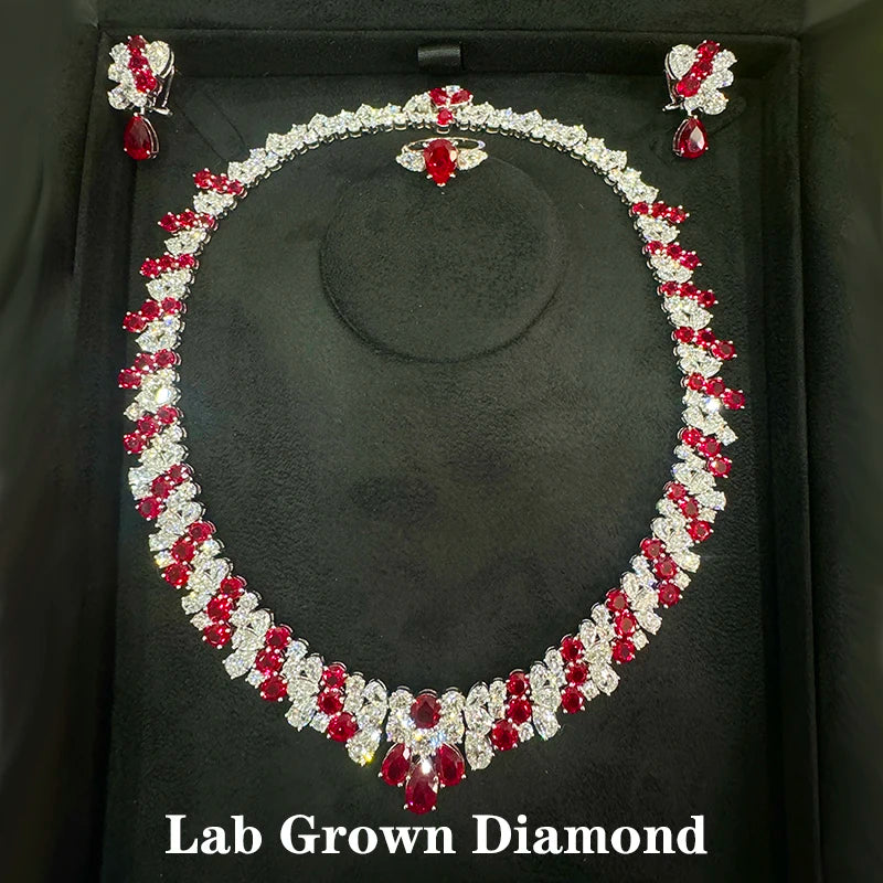 Luxury Women’s Wedding Ruby and Lab Grown Diamond Jewelry Set in 14K White Gold & Platinum