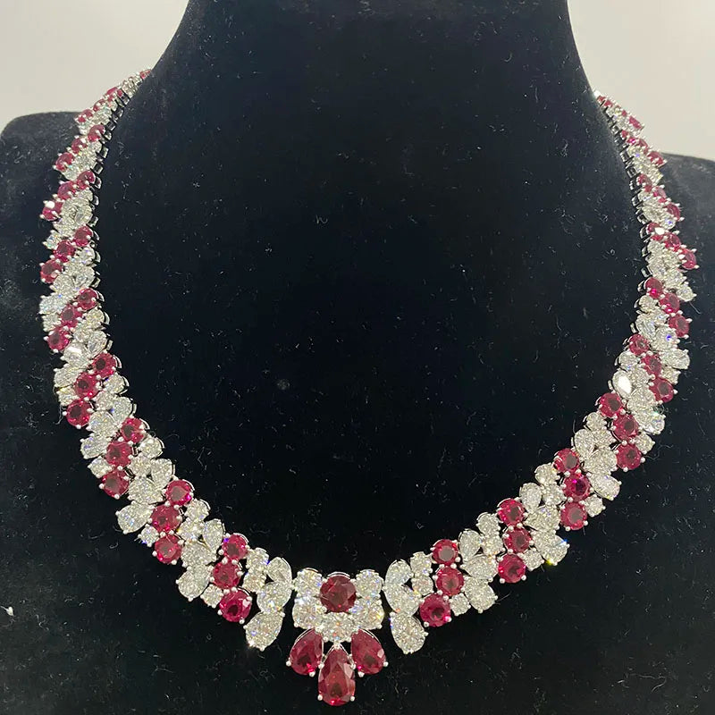 Luxury Women’s Wedding Ruby and Lab Grown Diamond Jewelry Set in 14K White Gold & Platinum