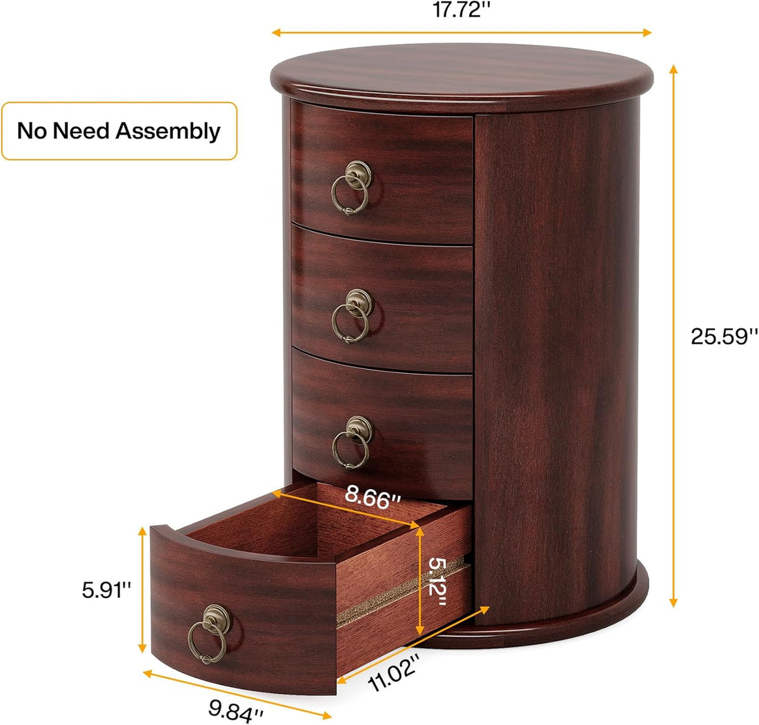Round Wooden Nightstand with 4 Drawers – Rustic Tall Bedside Table for Bedroom & Living Room