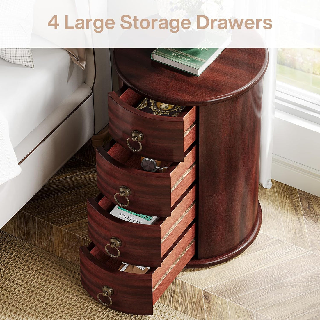Round Wooden Nightstand with 4 Drawers – Rustic Tall Bedside Table for Bedroom & Living Room