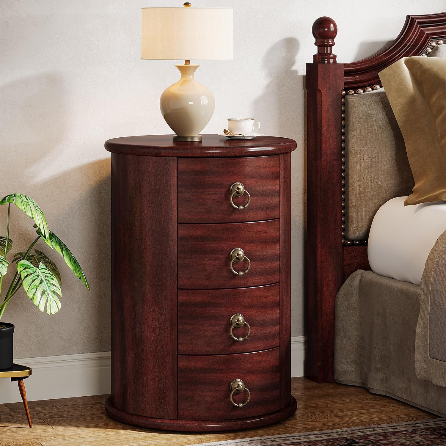Round Wooden Nightstand with 4 Drawers – Rustic Tall Bedside Table for Bedroom & Living Room