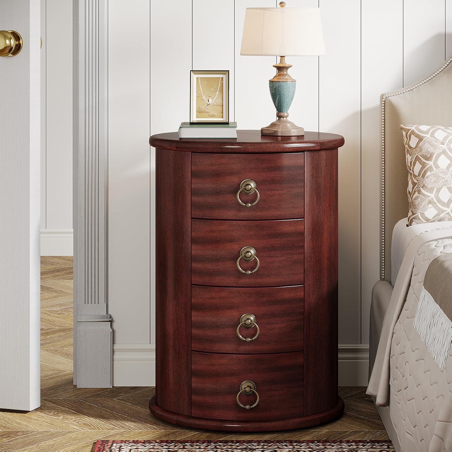 Round Wooden Nightstand with 4 Drawers – Rustic Tall Bedside Table for Bedroom & Living Room