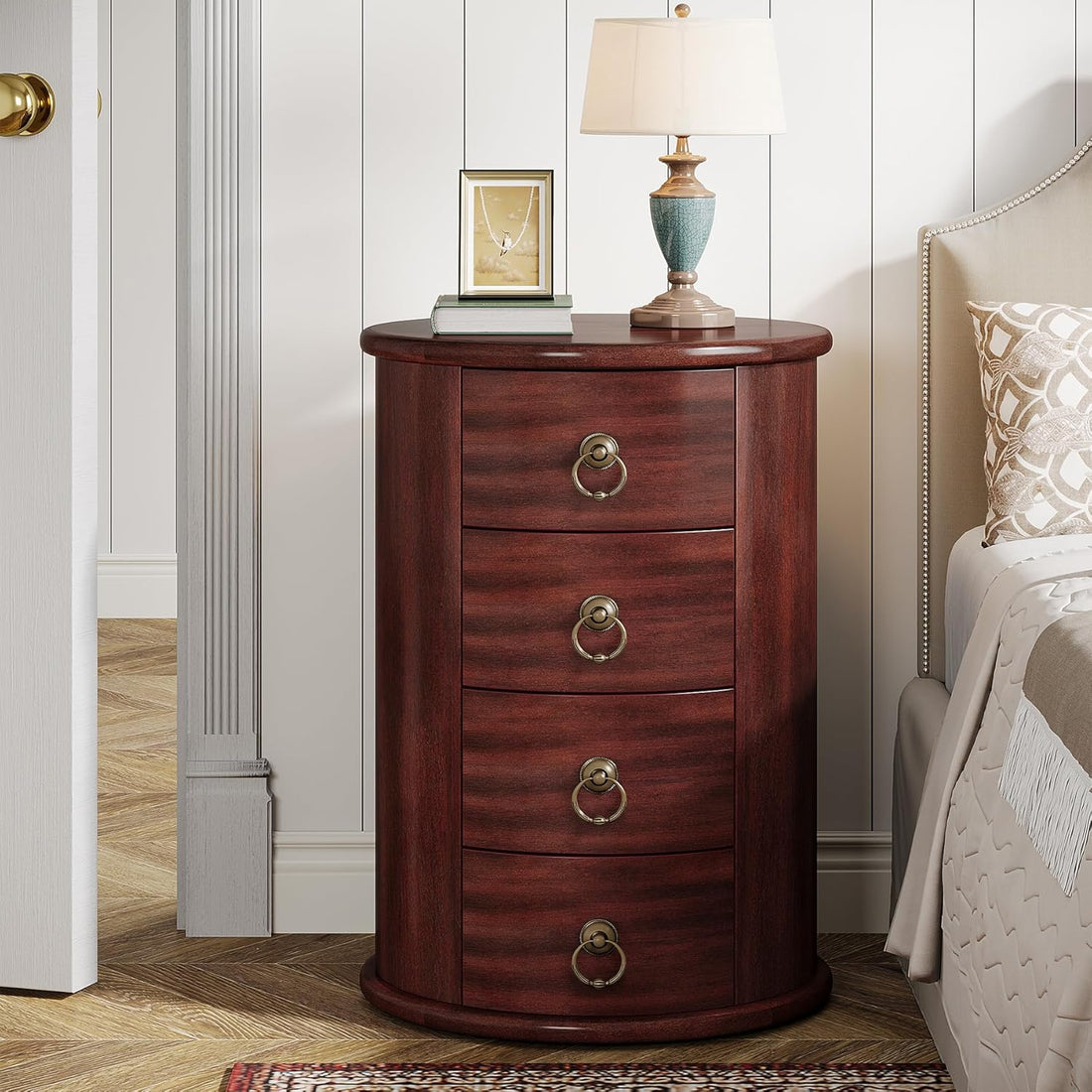 Round Wooden Nightstand with 4 Drawers – Rustic Tall Bedside Table for Bedroom & Living Room