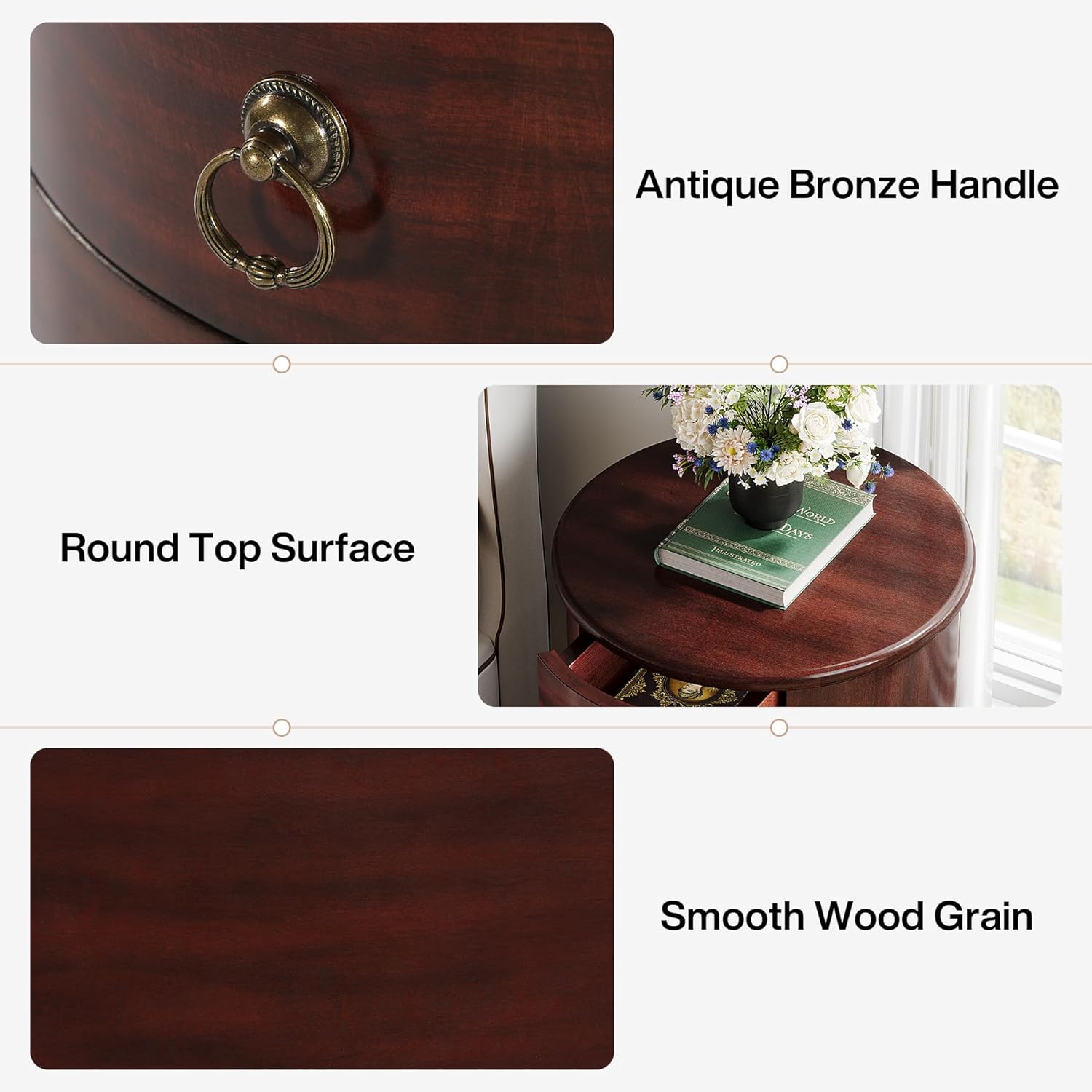 Round Wooden Nightstand with 4 Drawers – Rustic Tall Bedside Table for Bedroom & Living Room