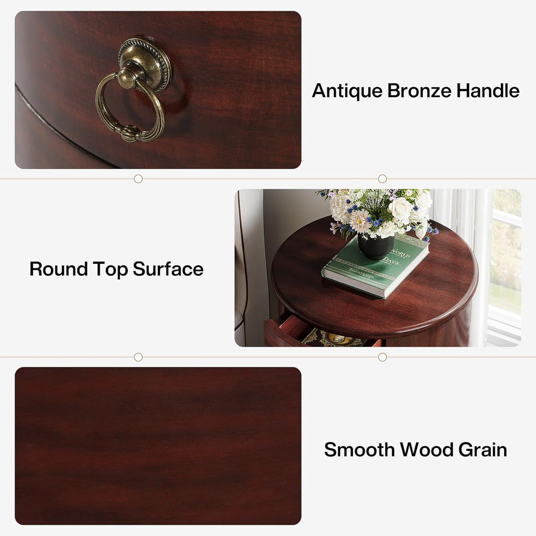 Round Wooden Nightstand with 4 Drawers – Rustic Tall Bedside Table for Bedroom & Living Room