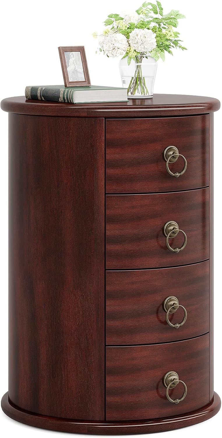 Round Wooden Nightstand with 4 Drawers – Rustic Tall Bedside Table for Bedroom & Living Room