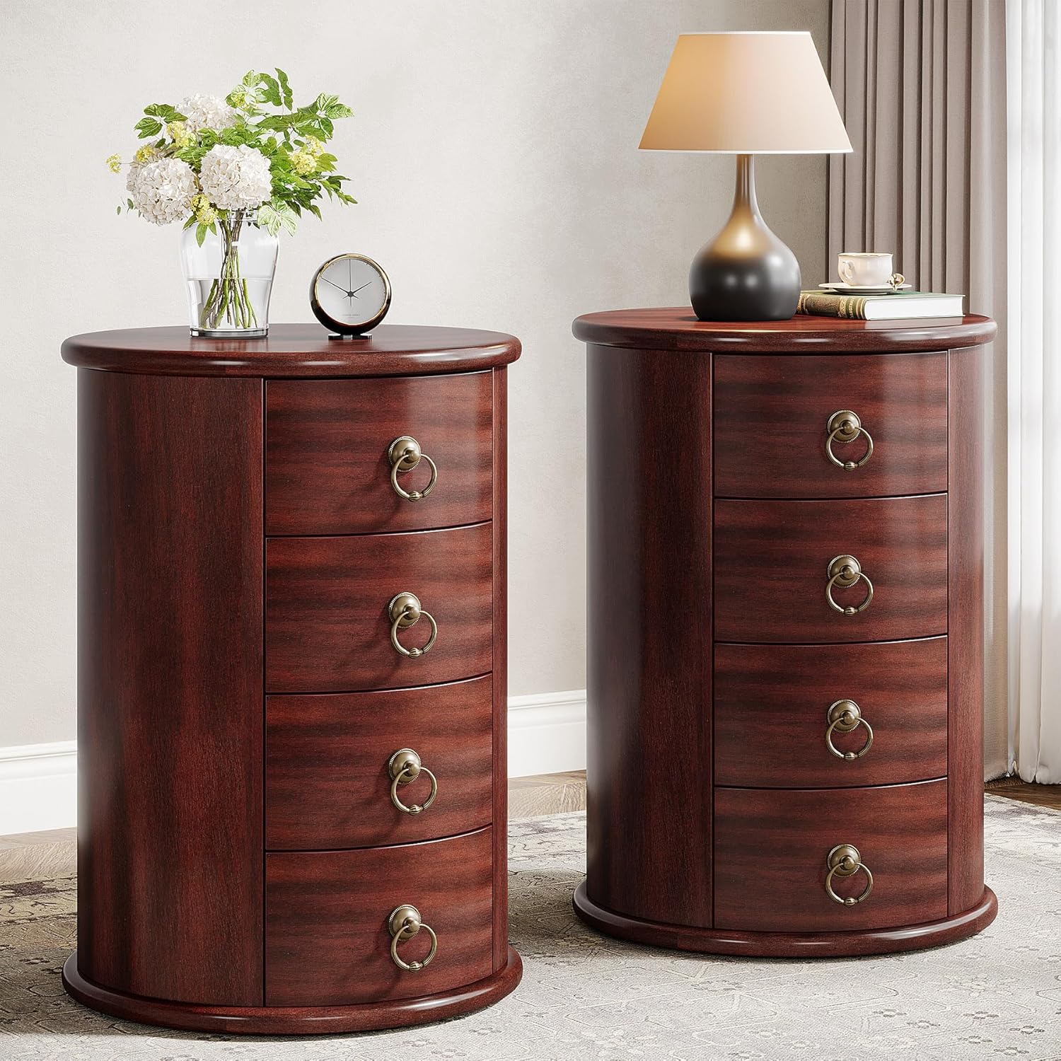 Round Wooden Nightstand with 4 Drawers – Rustic Tall Bedside Table for Bedroom & Living Room