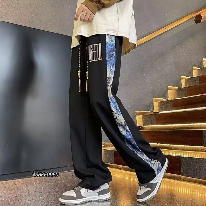 Men’s Patchwork Baggy Joggers – Oversized Straight Wide-Leg Streetwear Sweatpants