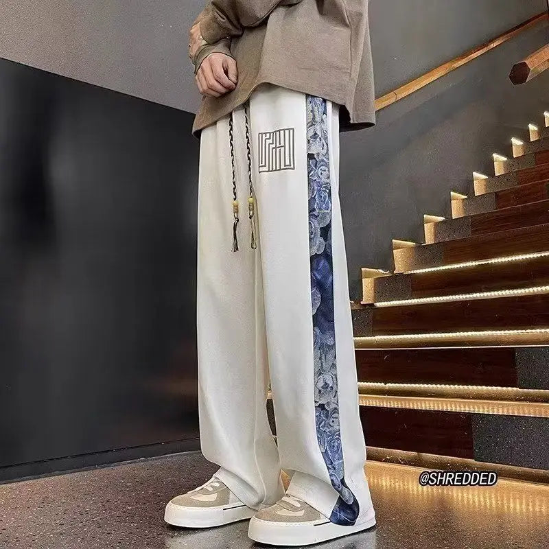 Men’s Patchwork Baggy Joggers – Oversized Straight Wide-Leg Streetwear Sweatpants