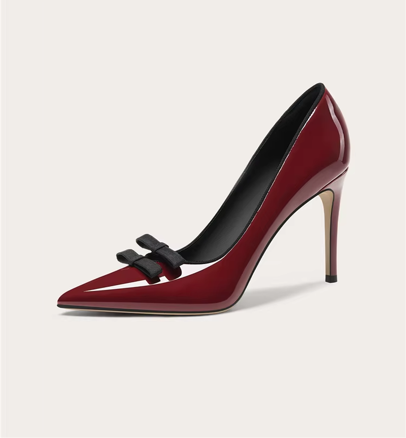 Women's Patent Leather Bow High Heels – Pointed Toe Elegant Dress Pumps for Weddings