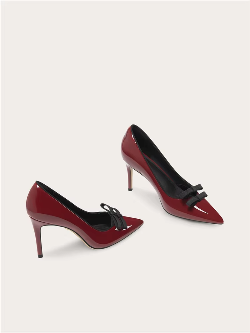 Women's Patent Leather Bow High Heels – Pointed Toe Elegant Dress Pumps for Weddings