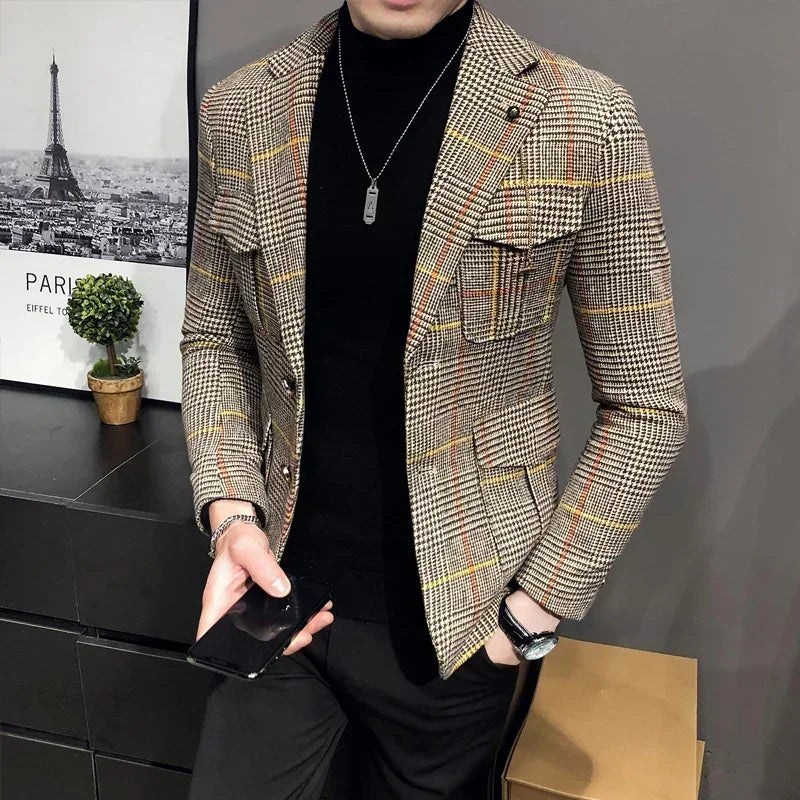 Premium Men's British Plaid Blazer – Slim-Fit Spring Wedding &amp; Business Suit Jacket