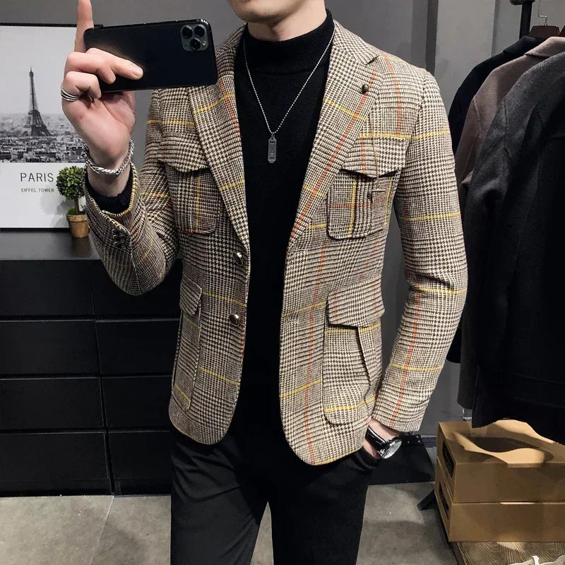 Premium Men's British Plaid Blazer – Slim-Fit Spring Wedding &amp; Business Suit Jacket