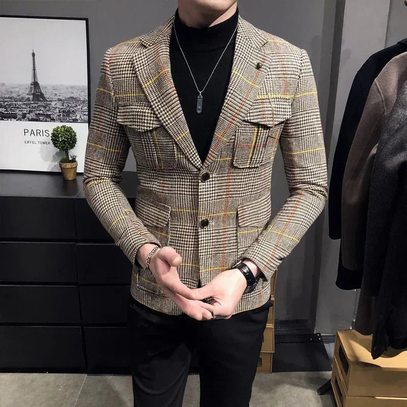 Premium Men's British Plaid Blazer – Slim-Fit Spring Wedding &amp; Business Suit Jacket