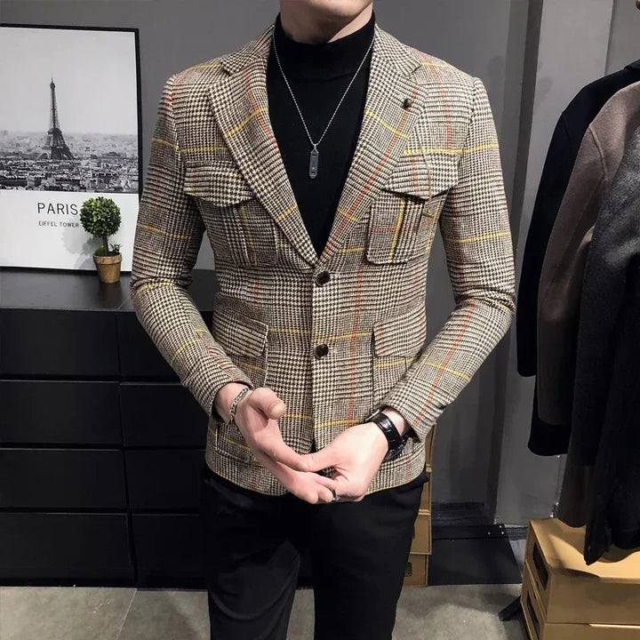 Premium Men's British Plaid Blazer – Slim-Fit Spring Wedding &amp; Business Suit Jacket