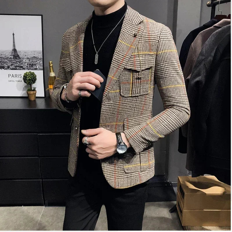 Premium Men's British Plaid Blazer – Slim-Fit Spring Wedding &amp; Business Suit Jacket