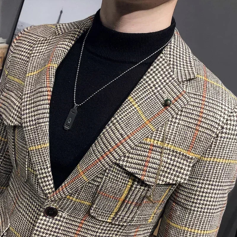 Premium Men's British Plaid Blazer – Slim-Fit Spring Wedding &amp; Business Suit Jacket