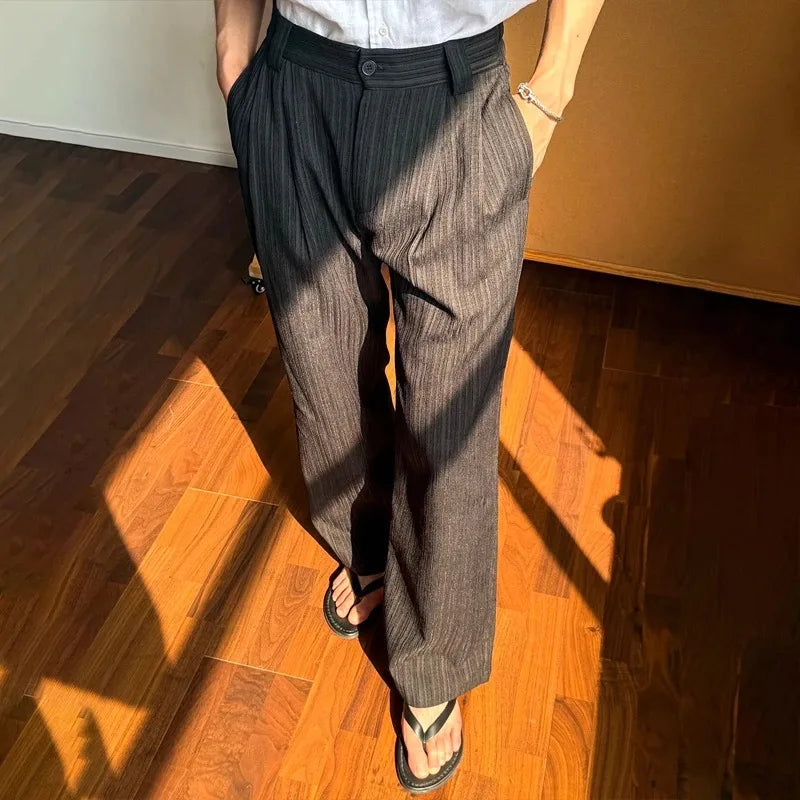 Men’s Pinstripe Wide Leg Trousers  -  Relaxed Fit Casual Office Pants