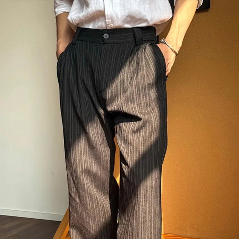 Men’s Pinstripe Wide Leg Trousers  -  Relaxed Fit Casual Office Pants