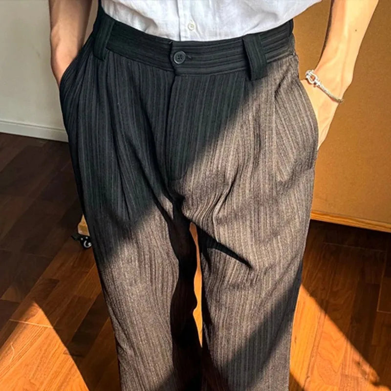 Men’s Pinstripe Wide Leg Trousers  -  Relaxed Fit Casual Office Pants