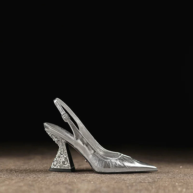 Women's Pointed-Toe Leather Crystal Embellished Chunky Heel Sandals