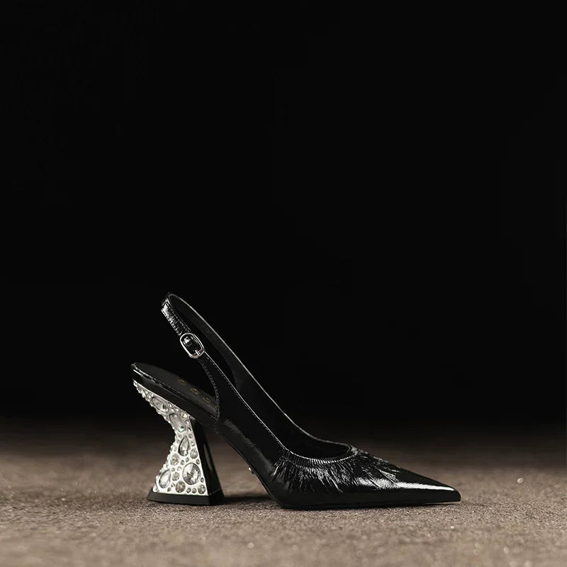Women's Pointed-Toe Leather Crystal Embellished Chunky Heel Sandals