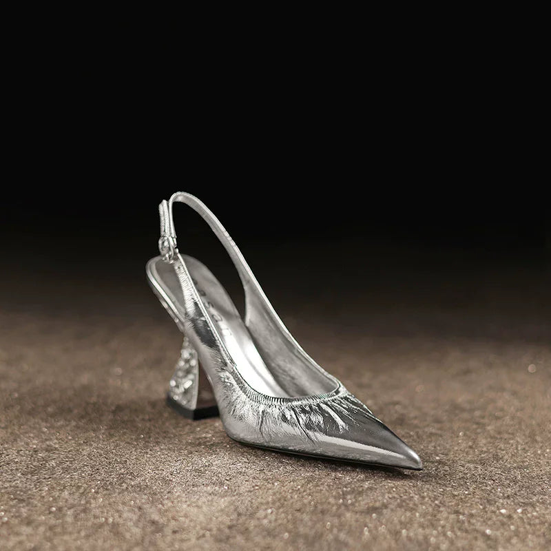 Women's Pointed-Toe Leather Crystal Embellished Chunky Heel Sandals
