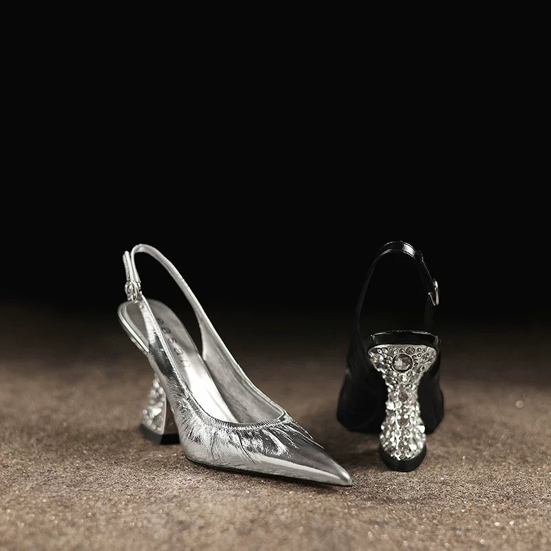 Women's Pointed-Toe Leather Crystal Embellished Chunky Heel Sandals