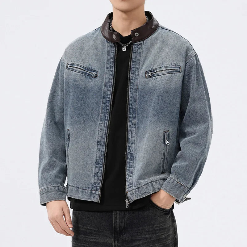 Men’s Leather Collar Denim Jacket – Vintage Washed Loose-Fit Motorcycle Outerwear