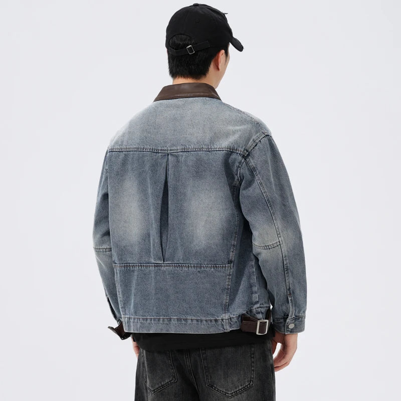 Men’s Leather Collar Denim Jacket – Vintage Washed Loose-Fit Motorcycle Outerwear
