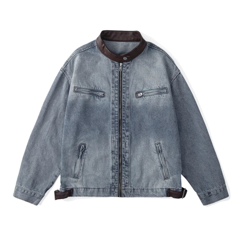 Men’s Leather Collar Denim Jacket – Vintage Washed Loose-Fit Motorcycle Outerwear