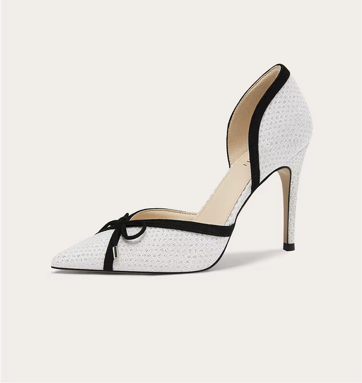 Women's Rhinestone Bow High Heel Sandals – Pointed Toe Hollow Mesh Stiletto Dress Shoes